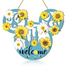 Summer Welcome Door Sign Mouse Shaped Bees Sunflower Wooden Hanging Sign Flowers