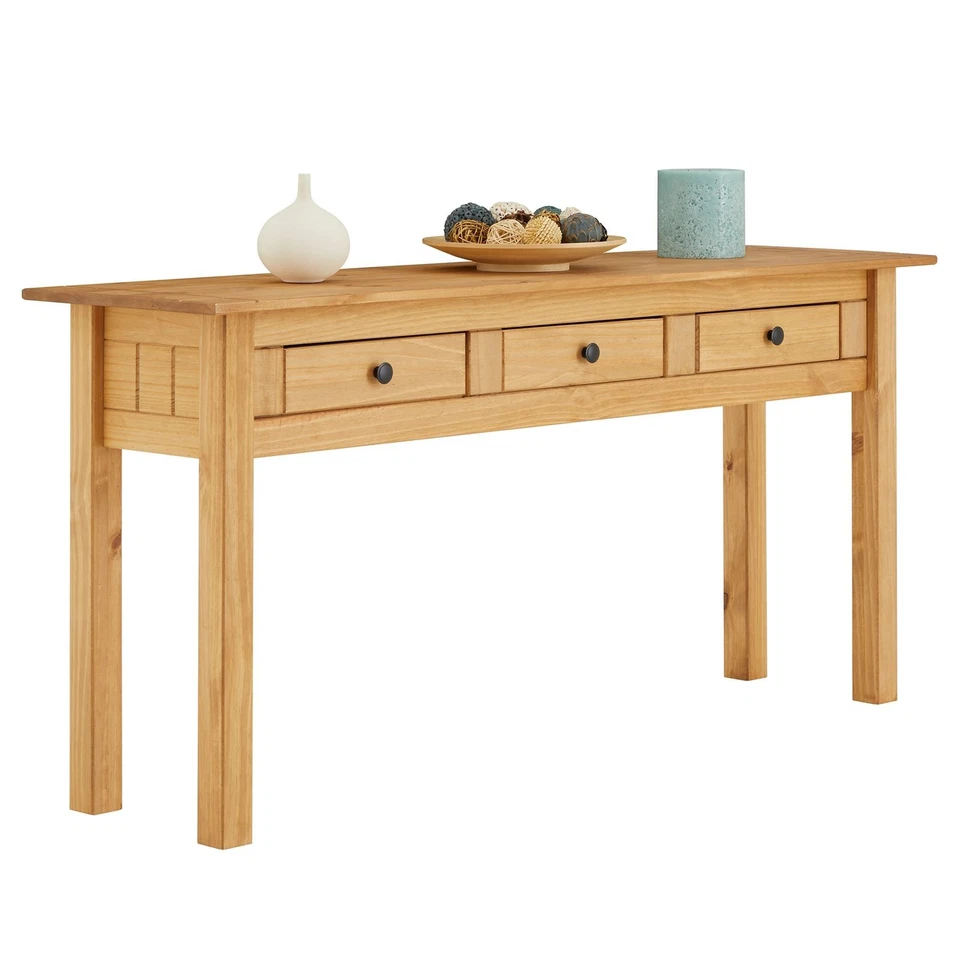 Table console meuble d'appoint avec 3 tiroirs pin massif finition teintée/cirée - Photo 4/4