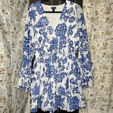Boohoo Women’s White and Blue Floral Dress Size 14 Long Sleeve In Great Cond