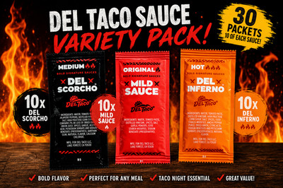 Del Taco Variety Sauce Pack (Mild, Medium & Hot) 10 of Each - 30 Total Packs