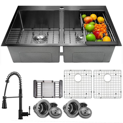 #ad AKDY All in One Gunmetal Matte Black Finish 33quot; Double Bowl Kitchen Sink $349.00