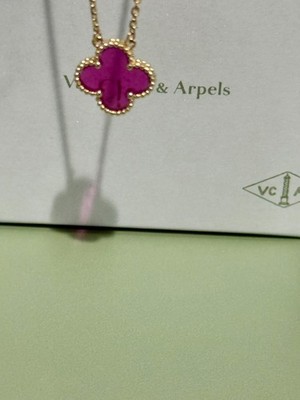 Van Cleef & Arpels 18K yellow gold Single Motif Alhambra Pink Enamel Necklace