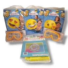 Spring Summer Pool Bundle - Emoji Beach Balls x3 Swim Ring x1, Swim Masks x2 
