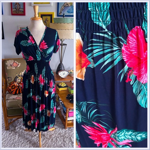 Retro Dress | Tropical Floral Print | Navy Blue Multi | M L | Pinup | Resort