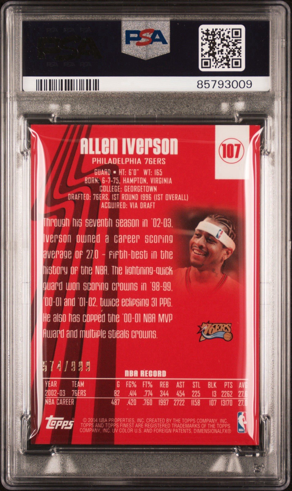 2003 Topps Finest Allen Iverson #PATCH /999 Game Worn Jersey - PSA 9 view 2