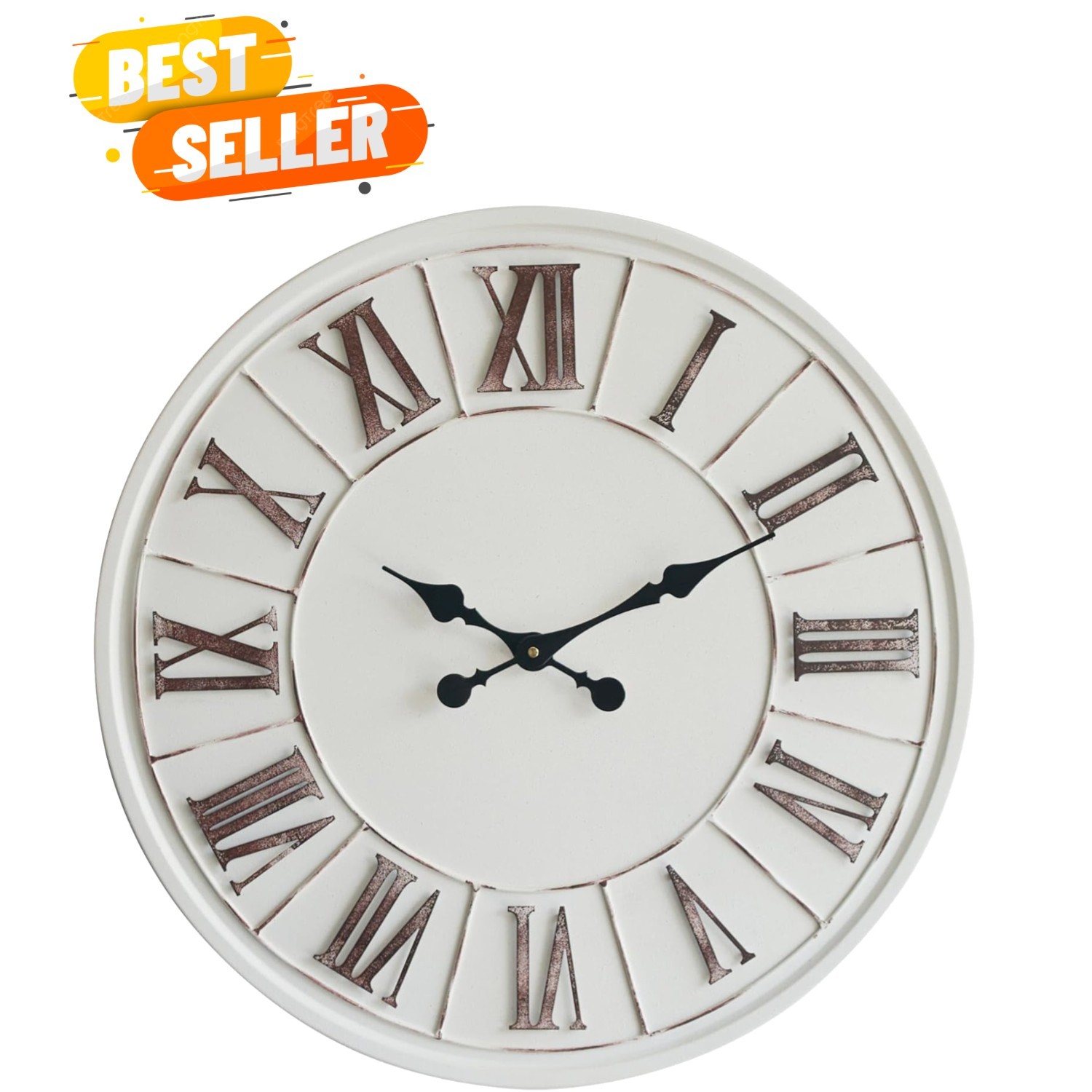 Large Farmhouse Wall Clock - 24 Inch, Rustic White, Distressed Roman Numeral,...