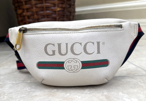 Authentic VTG Gucci Print Belt Bag Belt Logo Ivory Leather Bumbag Luxury