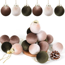 Velvet Christmas Tree Ornaments Set - 16 Flocked Balls in Brown  Green