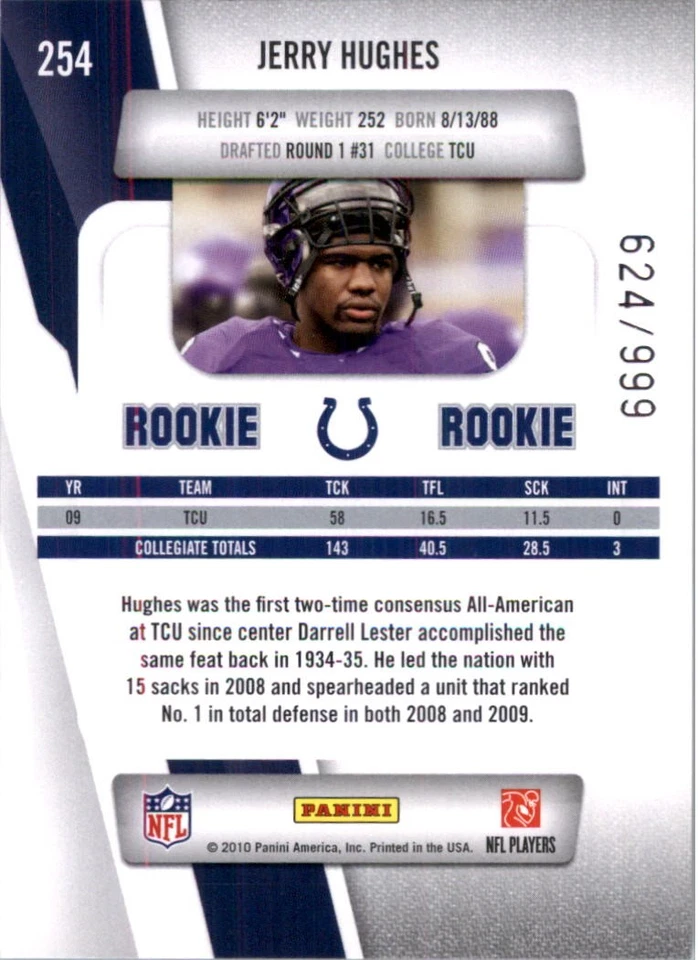 2010 Prestige Draft Picks Light Blue #254 Jerry Hughes /999 - FB - Image 2 of 2