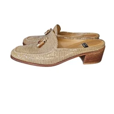 90s Stuart Weitzman Square Toe Mules Clogs Slipon Cream Beige Block Heel Sz 8.5