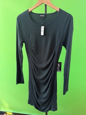 Express Emerald Green Long Sleeve RuchedDress M NWT Quiet Luxury