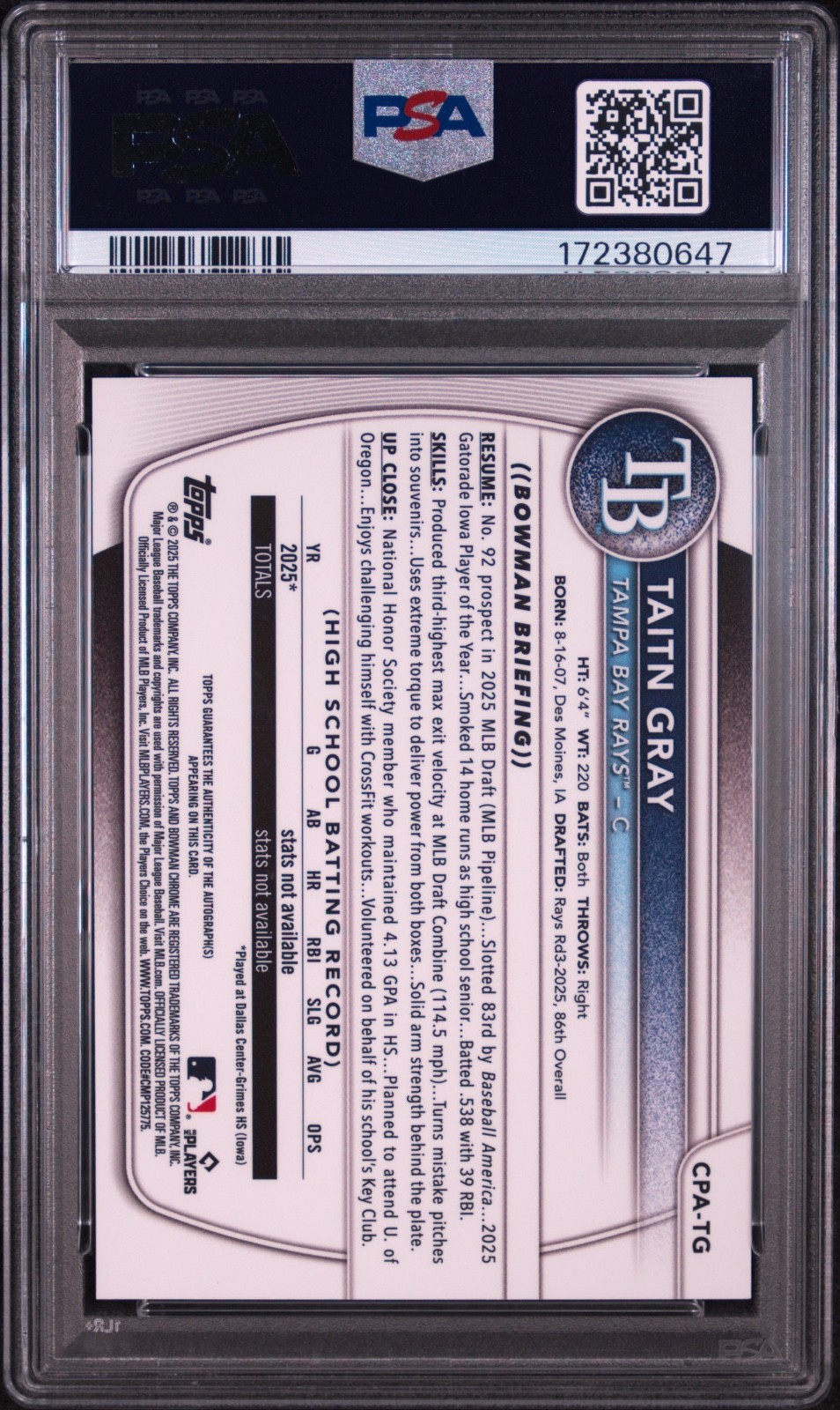 2025 Bowman Draft Taitn Gray 1st Chrome Prospect Auto #CPA-TG PSA 9 MINT view 2