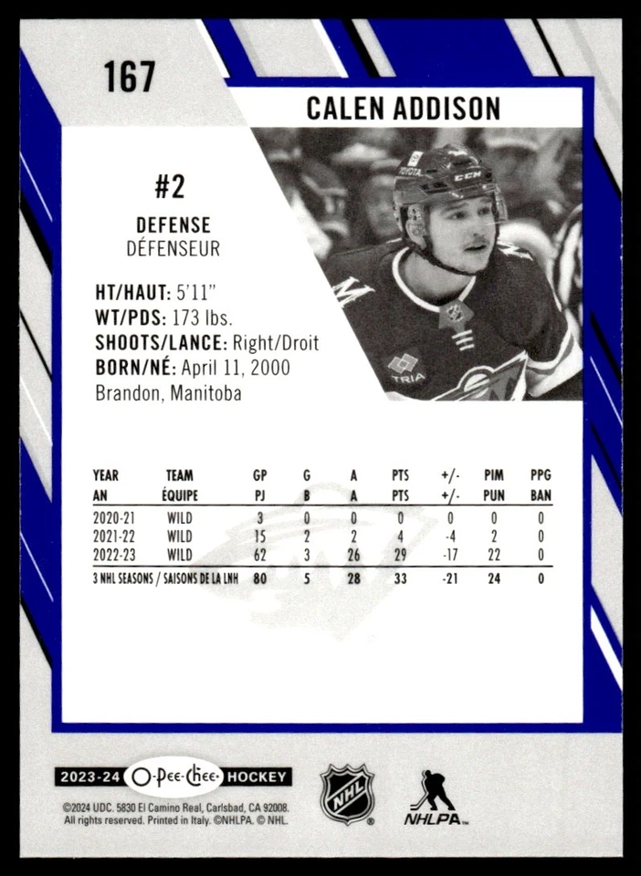 2023-24 O-Pee-Chee Blue Border Calen Addison Minnesota Wild #167 - Image 2 of 2
