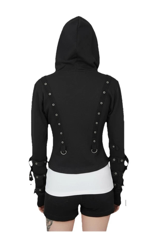 Винтажный SDL Y2K безопасности заколка толстовка с капюшоном черный красный готический панк пряжка куртка подростков L - Изображение 3 из 4