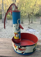Vintage Ohio Art Tin Litho Water Pump Sand Toy Elaine Ends Hileman Circus toy