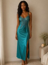 Vintage Victoria's Secret Gold Label Emerald Satin Lace Slip Nightgown M Maxi
