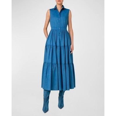 Akris Punto Midi Shirt Dress Women's 4 Blue Denim Cotton Ruffle Hem NWT $1390