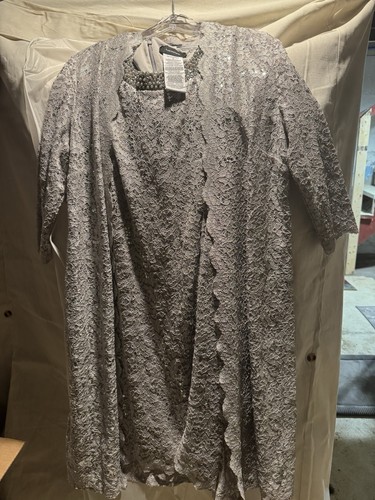 R&M Richards Silver Lace Dress & Jacket Set Size 14