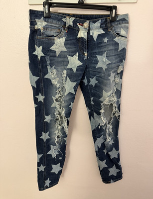 Philipp Plein women s denim jeans, star print, distressed/ripped size 29
