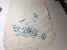 VTG Pretty Swans  Flowers Hand Embroidered Linen TABLE RUNNER 13" X 36" Long