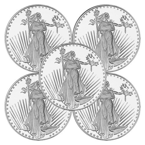 Lot of 5 - 1 Troy oz Saint Gaudens Design .999 Fine Silver Round