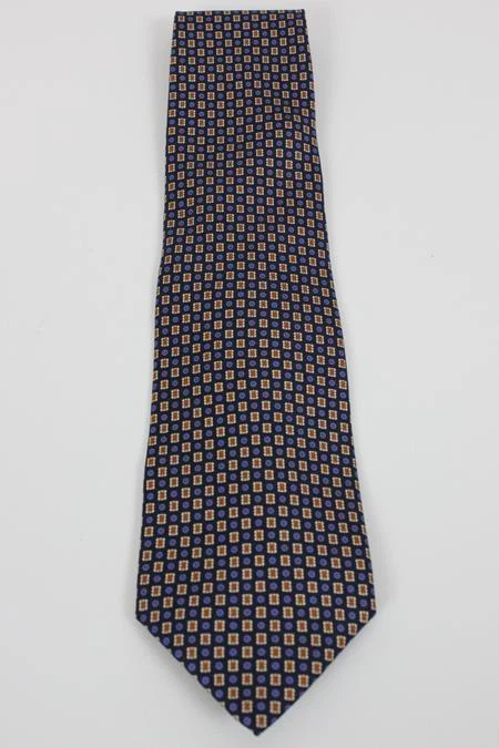 Corbata de seda J CREW. Azul con patrón geométrico marrón. Foto 2 de 3