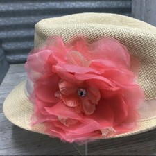 PLACE Girls Wheat Woven Fedora Paper Straw Salmon Color Flower Rhinestone Size L