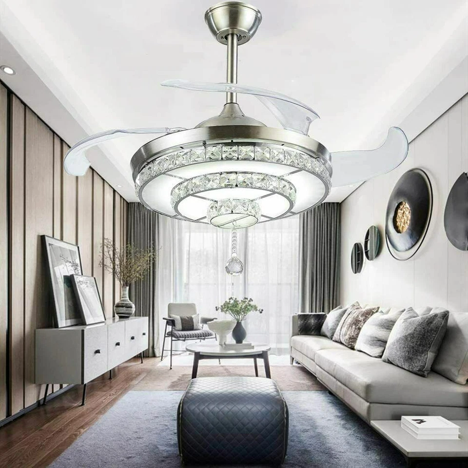 42" Crystal Invisible Ceiling Fan Light Remote Control Home Chandelier Lamp - Image 3 of 4