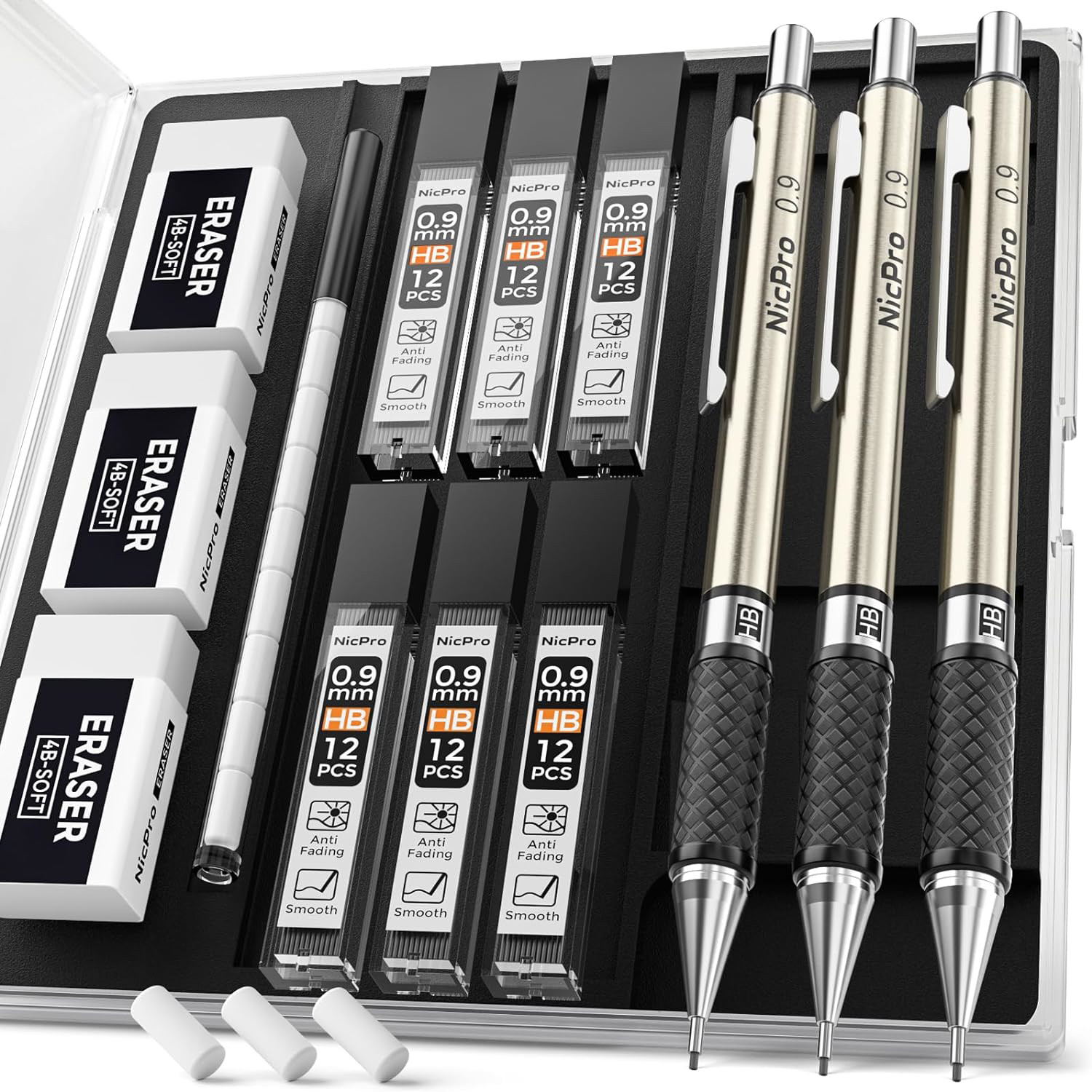 Nicpro 0.9 mm Mechanical Pencil Set with Case, 3PCS Metal Mechanical Pencils 6