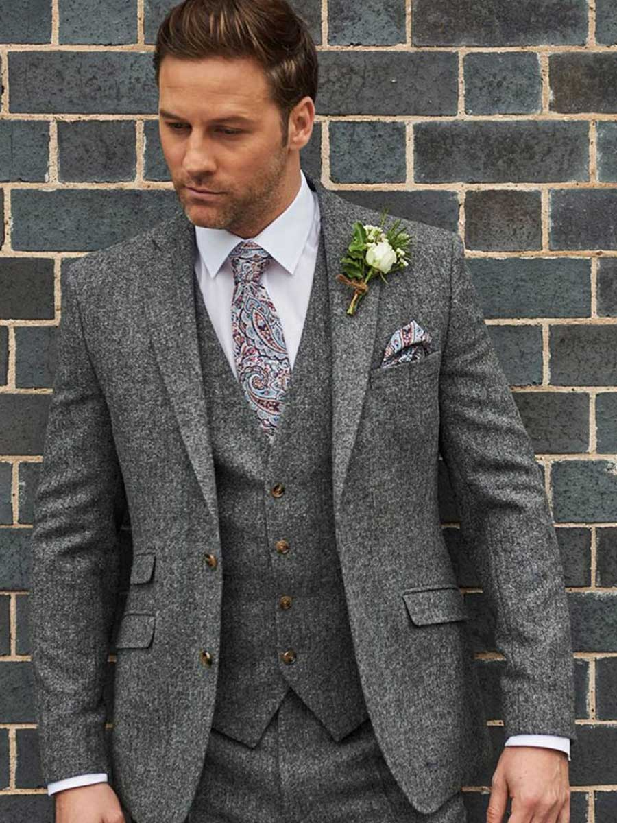 Torre Grey Tweed Piece Suit 38R Jacket, 32x29 Trouser 100% Wool Wedding  Formal