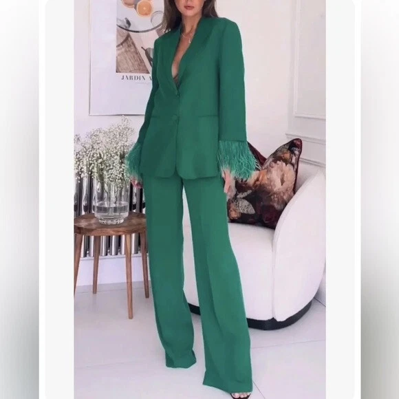 NWT ZARA DOUBLE BREASTED BLAZER WITH FEATHERS GREEN | eBay