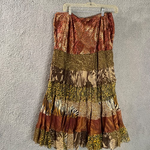 KAS Designs Skirt Womens L Brown Broomstick Ethnic Boho Animal Tiered Swirl