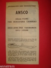 Ansco Information  Instructions leaflet 35mm films for Miniature Cameras vtg