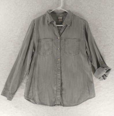 Chicos Chambray Tunic Button Up Gray Sz 1 Lyocell  Roll Up Sleeves Shirt Pockets