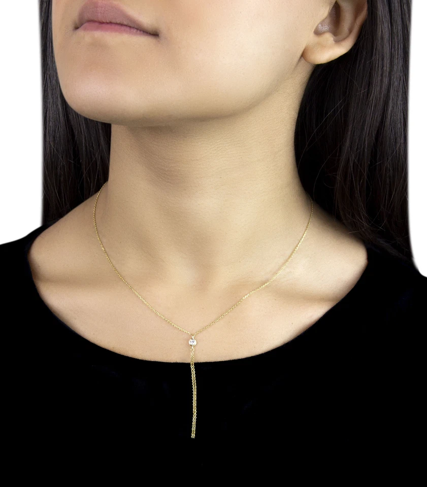 Collar solitario Lariat de oro amarillo macizo de 14 k con diamantes Best Seller Foto 2 de 4