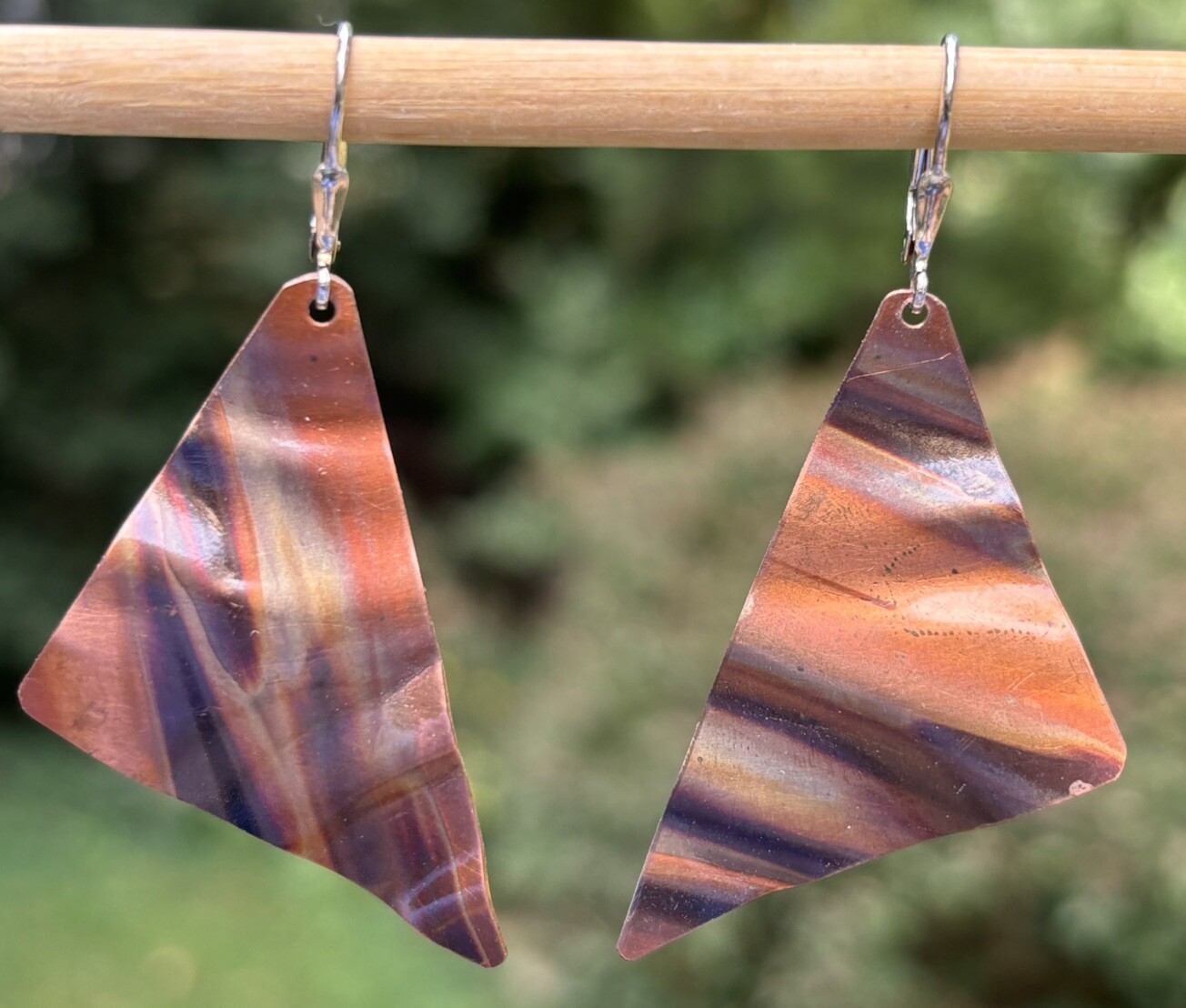 Modernist Oxidized Copper Triangular Pierced Earr… - image 1