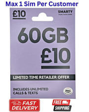 1 x NEW LATEST Smarty sim card -UNLIMITED -5G  WIFI DATA, £10 -UK Pay as you go