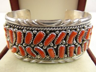 HEAVY 64g 6.75" Native Sterling Silver Cluster Coral Cuff Bracelet Navajo