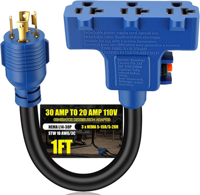 Overload Protector 30 Amp to 110V Generator Distribution Adapter Cord Compatible