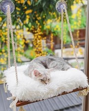 Cat Window Perch - Hammock Bed for Cats Inside - Solid Wood Medium Brown/White
