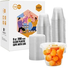 Turbo Bee 200 Pack 9 OZ Clear Plastic Cups with Flat Lids, Disposable Dessert Cu