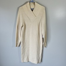 Express Ribbed Knit Sweater Dress Midi Size S Cream Cowl Neck Stretch New