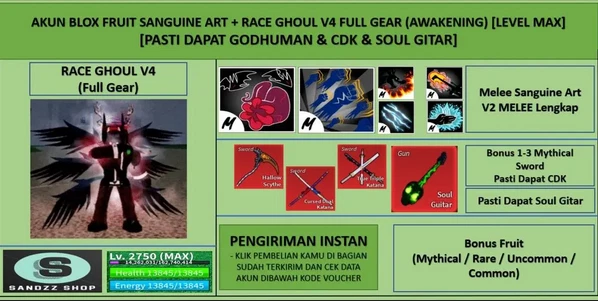 Blox Fruits - Sanguine Art + Race Ghoul V4 Full Gear (Awakening) (GH + CDK + SG)