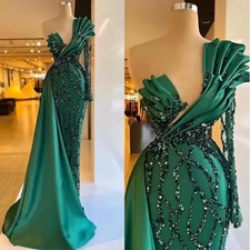 Emerald Green Mermaid Evening Dress One Shoulder Ruffles Glitter Prom Party Gown
