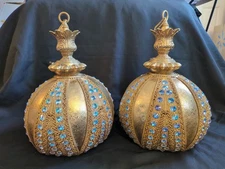 Pair of Vintage Golden Ornate hanging Swag Lamps Blue Sparkling Rhinestones 
