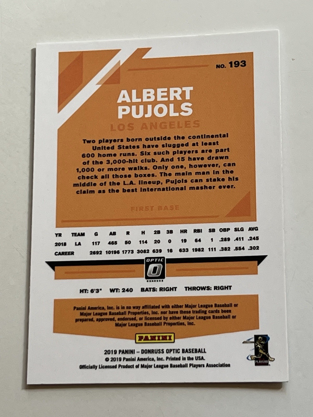 ALBERT PUJOLS Los Angeles Angels 2019 Panini Donruss Optic Baseball Card #193 view 9