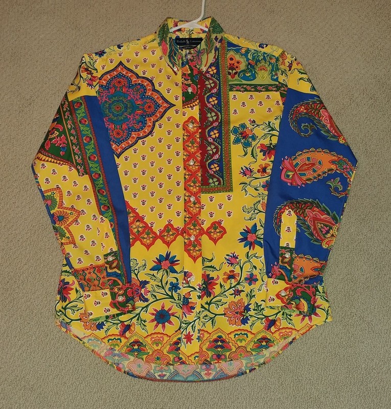 VTG RALPH LAUREN MENS M YELLOW COLORFUL FLORAL PAISLEY ABSTRACT CUSTOM SHIRT