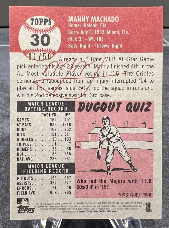 2016 Topps Archives Manny Machado Red Parallel #1/50 Baltimore Orioles - Image 2 of 3