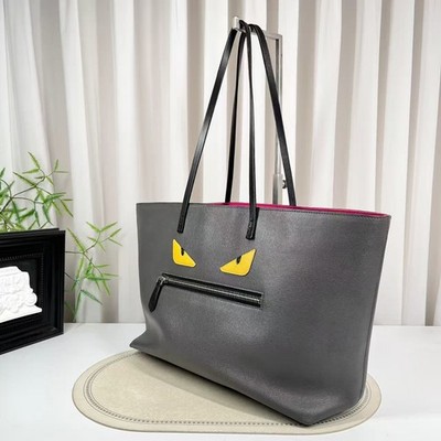 Fendi Bag Bugs Monster Eyes Tote Bag Grey Saffiano Leather Silver