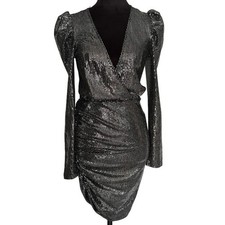 Stradivarius Black Sequin Ruched Wrap Long Sleeve Mini Dress Size S Metallic